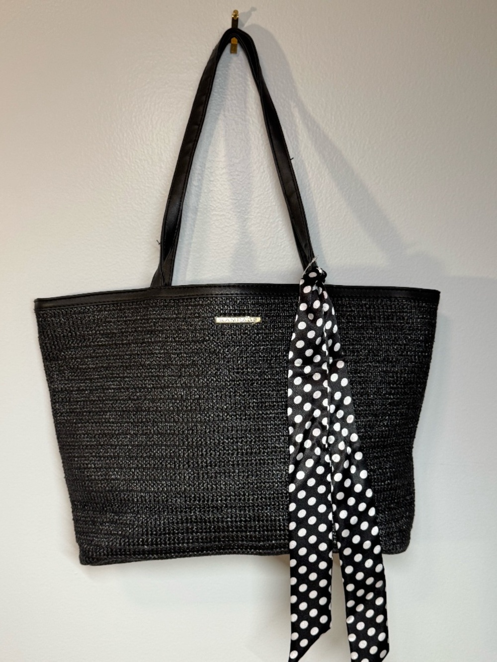 Rampage Black Woven Tote Bag w/ Polka Dot Scarf Accent NWT MSRP $98